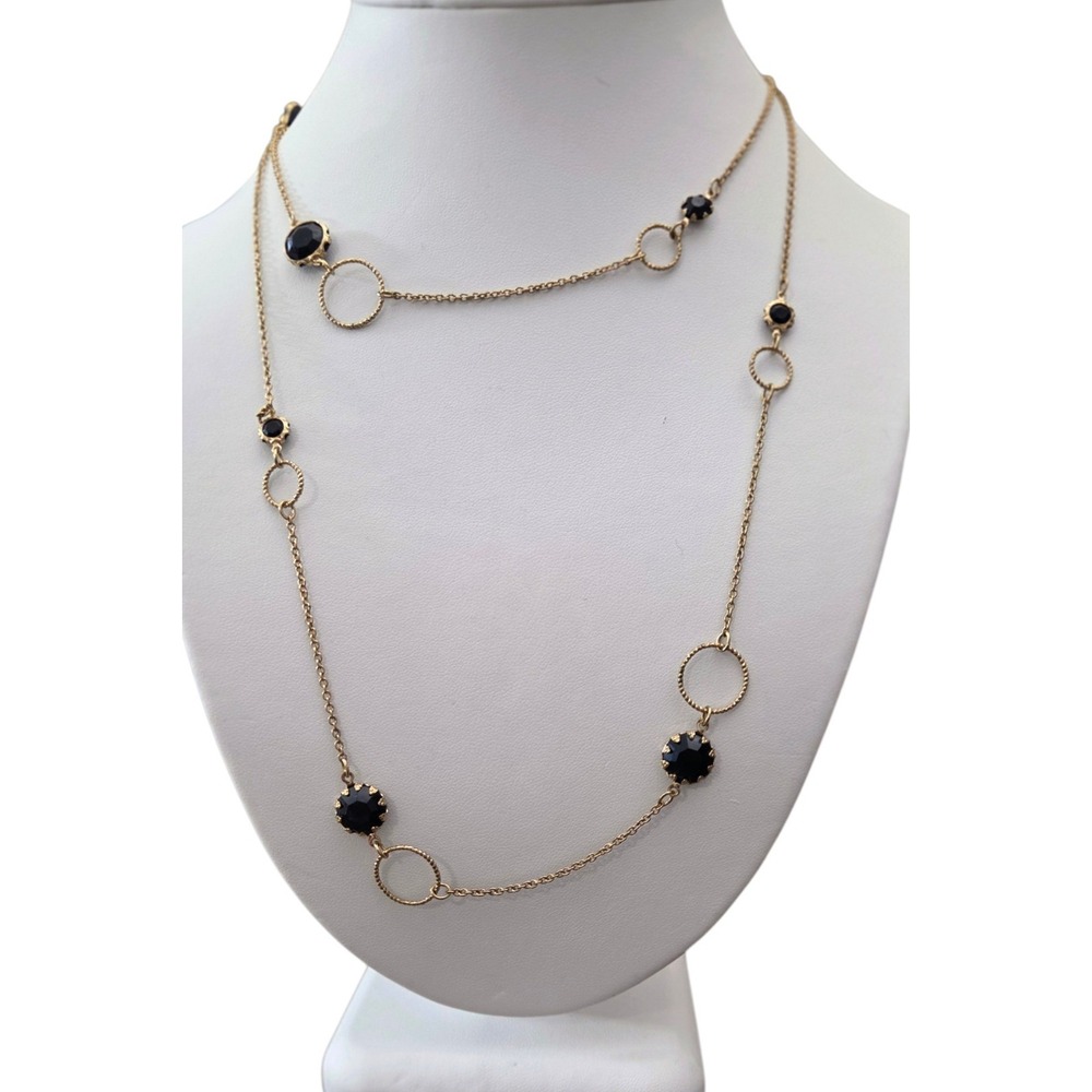 Vintage Gold Tone Chain Station Necklace Black Faceted Bezel Beaded Accents 40"
